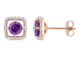 4/5 Carat (ctw) Natural Amethyst Halo Earrings in 10K Rose Pink Gold with Diamonds